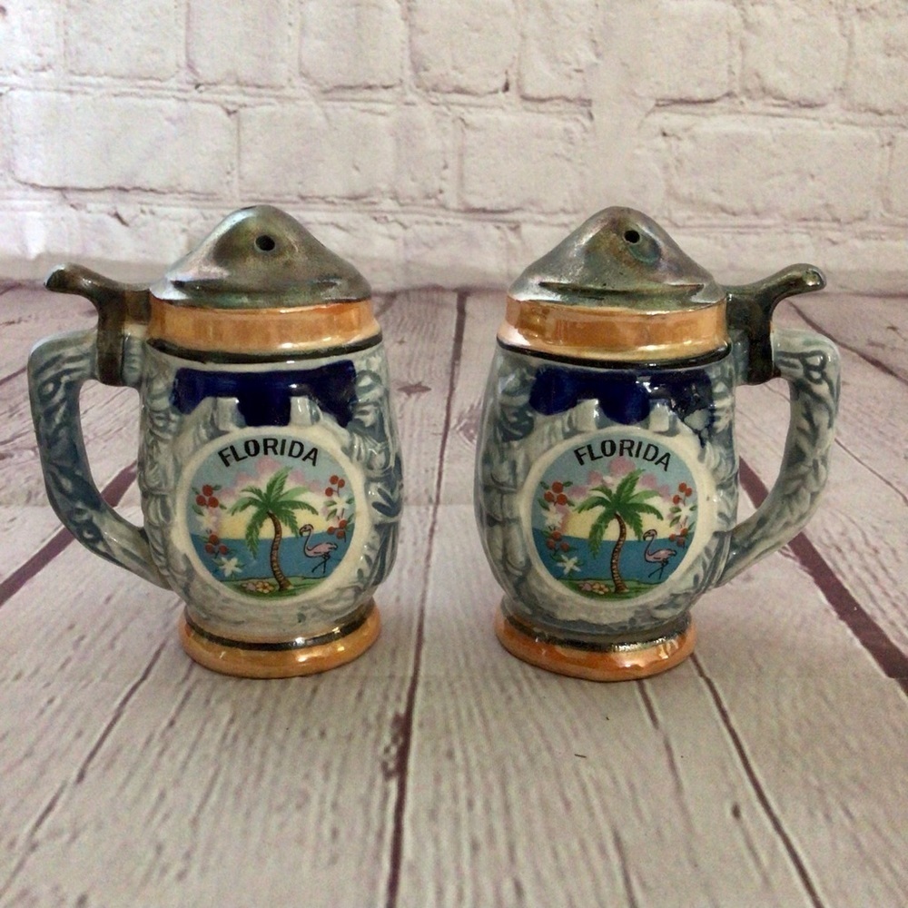 Vintage Ceramic Florida Stein Souvenir Salt and Pepper Shaker Pair